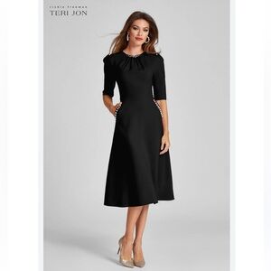 RICKIE FREEMAN FOR TERI JON
Pearl-Trim Ruched Crepe Midi Dress
